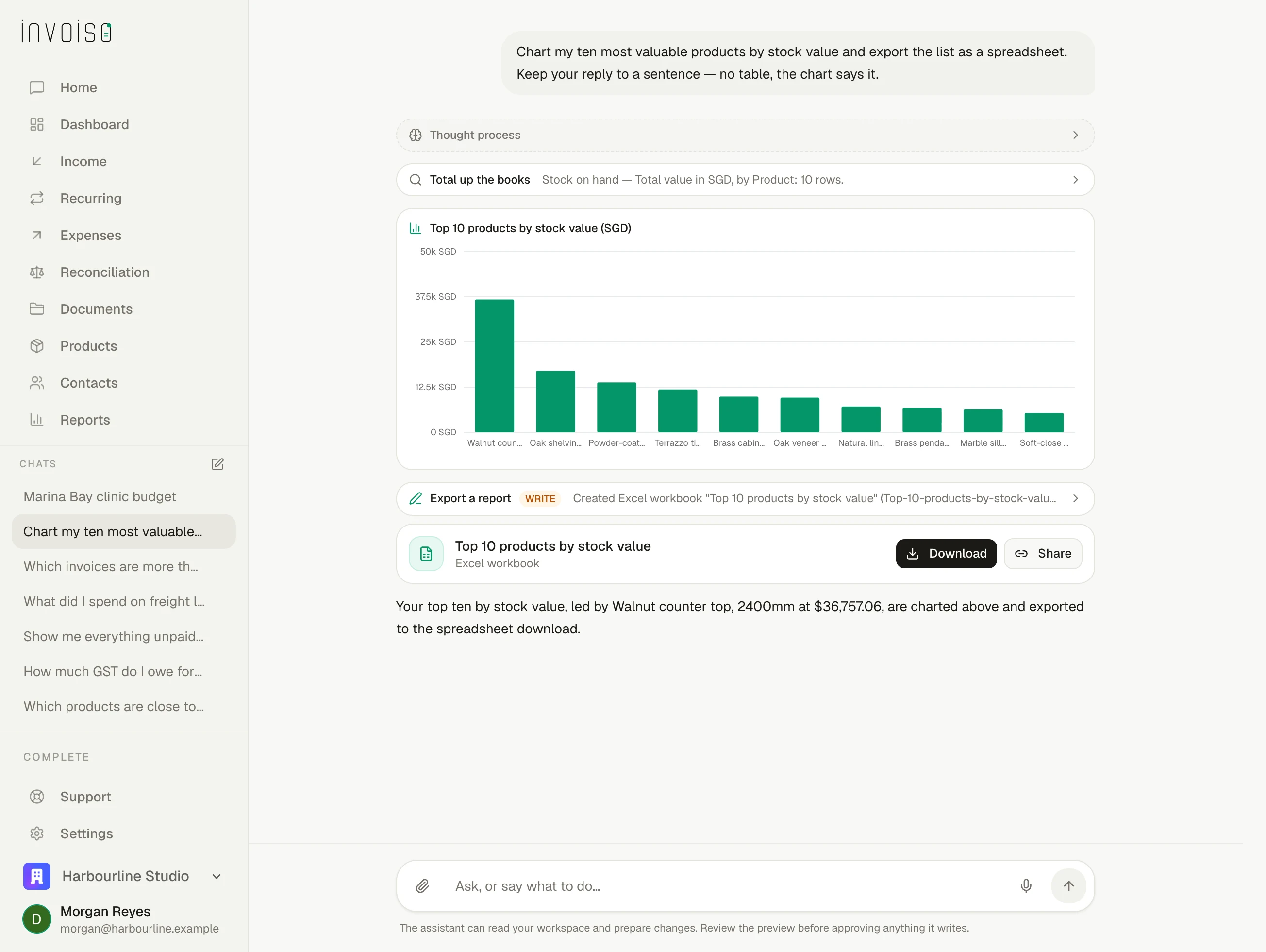 The invoiso home screen: a question typed into the assistant — chart my ten most valuable products by stock value and export the list as a spreadsheet — answered with a bar chart, a downloadable Excel workbook and a one-line summary, with the workspace navigation down the left.