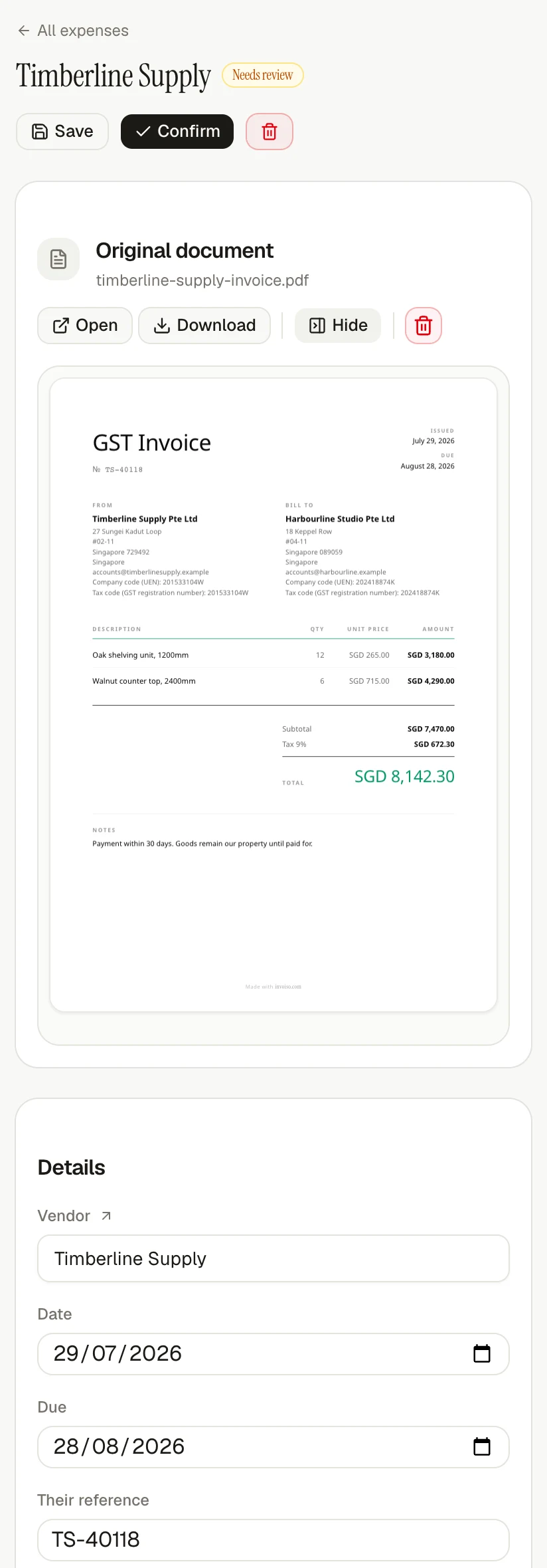 Compare the expense with the original PDF